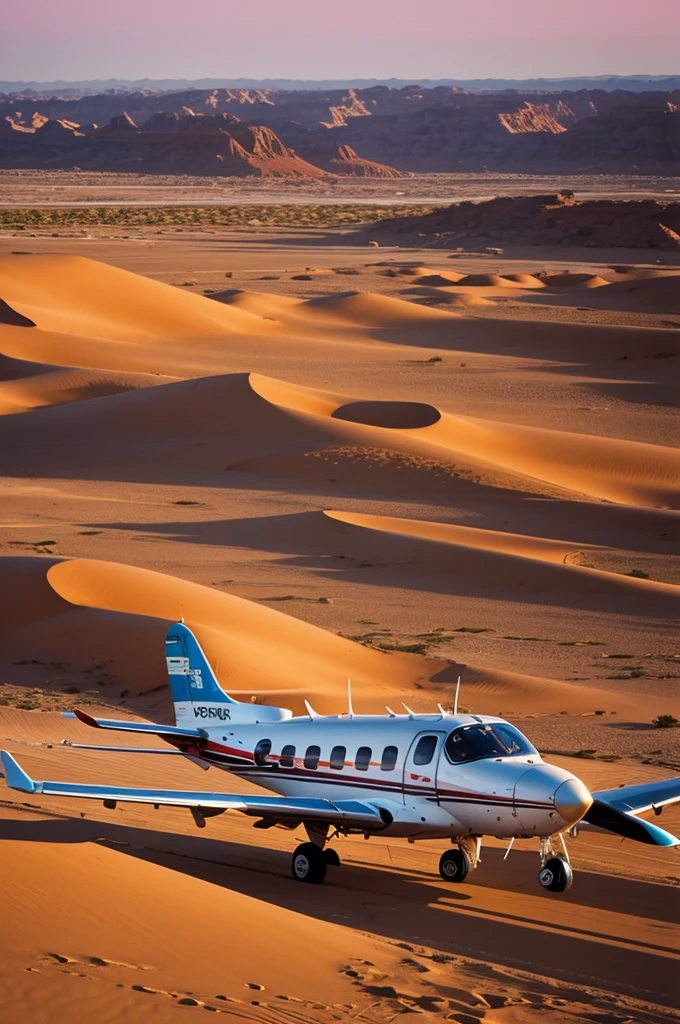 un avion piper pa 28 cherokee en un fondo del desierto en el atardecer 