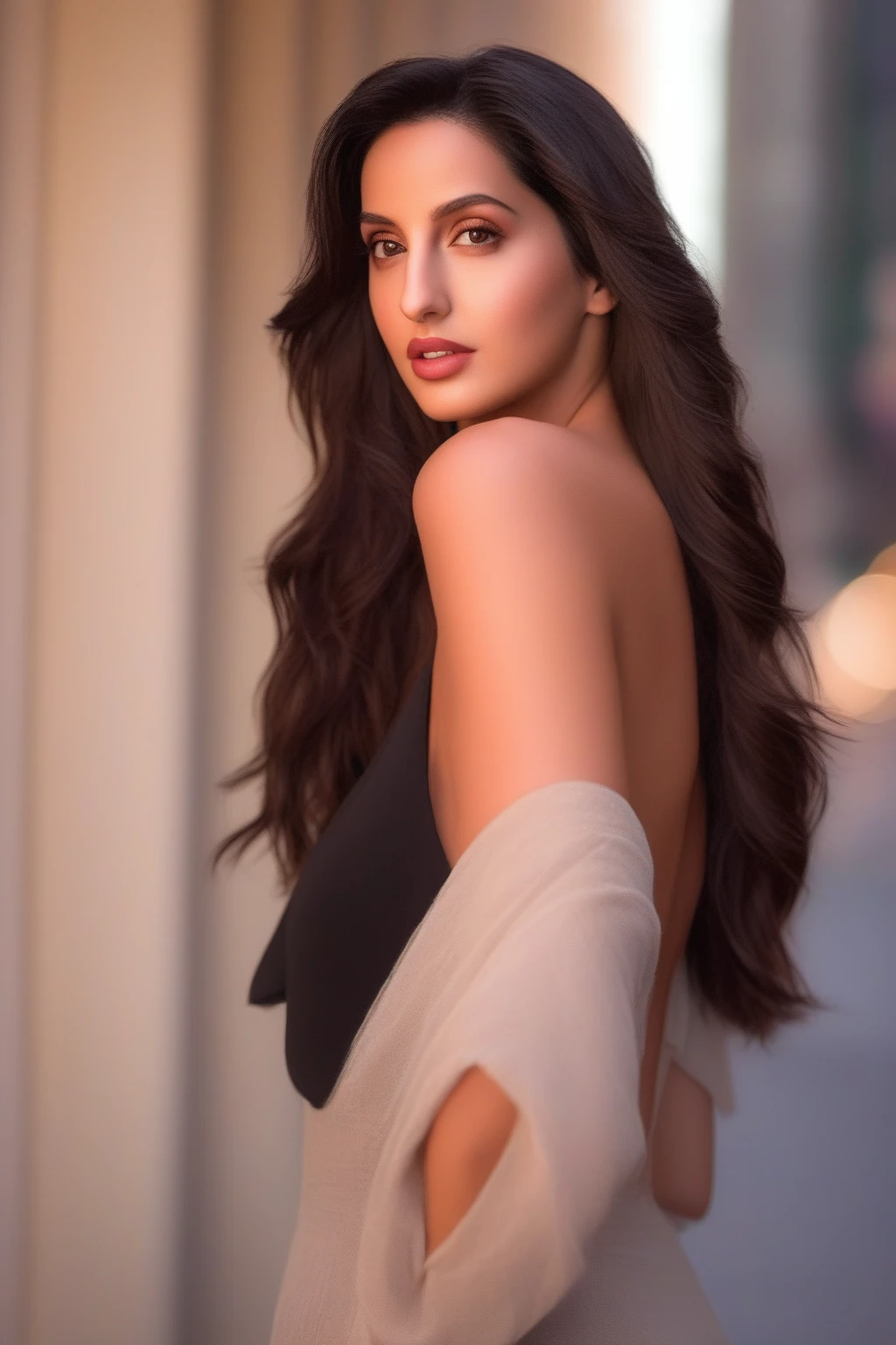 a professional portrait photo of a  27  year old  women,  with light brown eyes, black hair, highly detailed features, city bokeh background,  perfect eyes , nora fatehi  HORNY GIRL,HORNY GIRL,HORNY GIRL,HORNY GIRL,HORNY GIRL