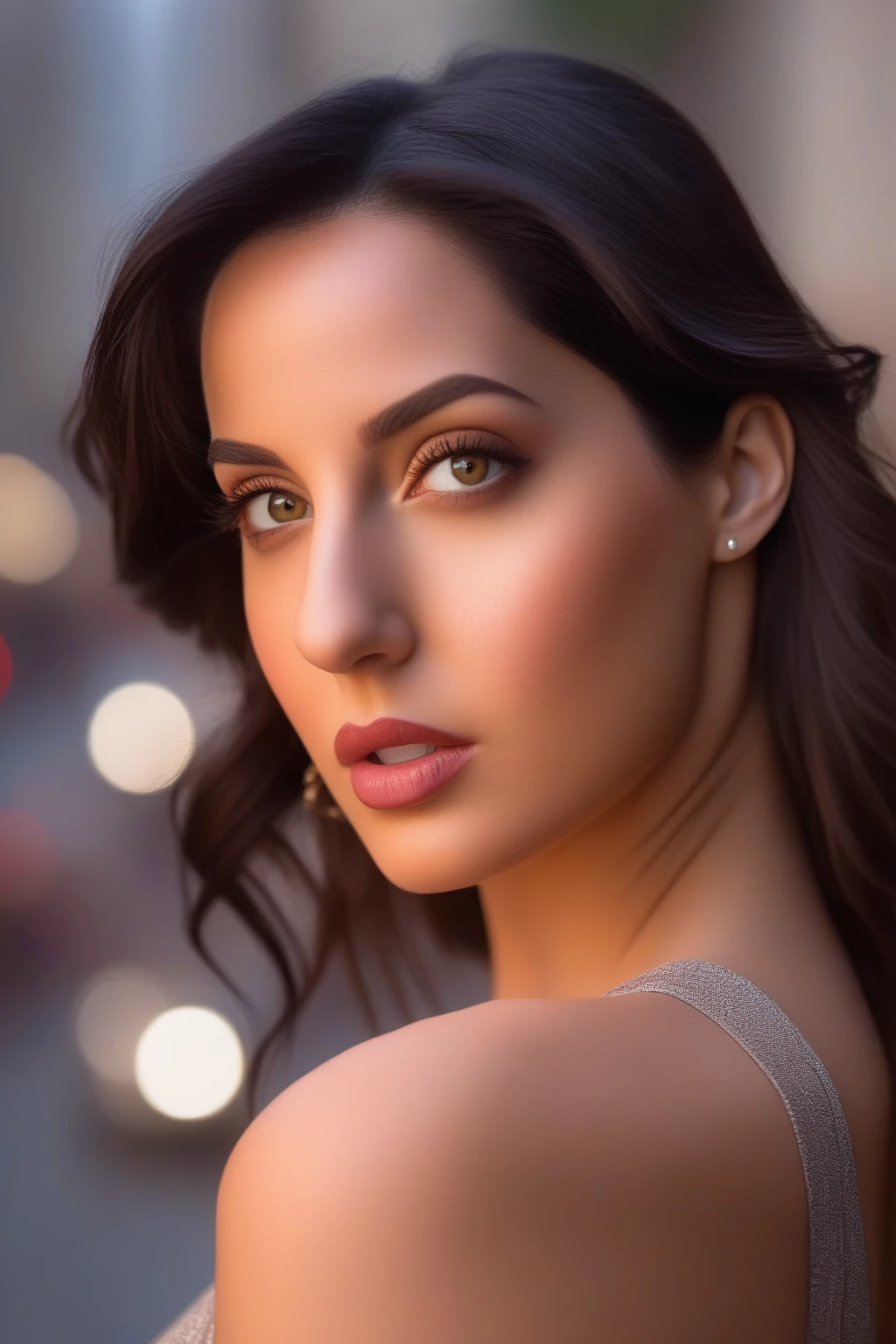 a professional portrait photo of a  27  year old  women,  with light brown eyes, black hair, highly detailed features, city bokeh background,  perfect eyes , nora fatehi  HORNY GIRL,HORNY GIRL,HORNY GIRL,HORNY GIRL,HORNY GIRL