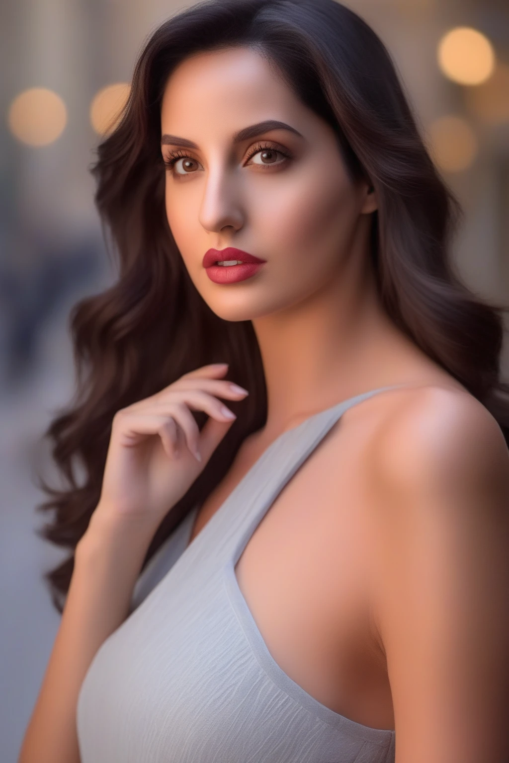 a professional portrait photo of a  27  year old  women,  with light brown eyes, black hair, highly detailed features, city bokeh background,  perfect eyes , nora fatehi  HORNY GIRL,HORNY GIRL,HORNY GIRL,HORNY GIRL,HORNY GIRL