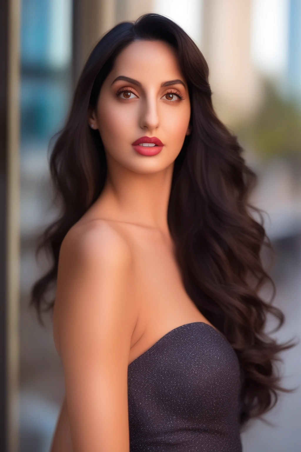 a professional portrait photo of a  27  year old  women,  with light brown eyes, black hair, highly detailed features, city bokeh background,  perfect eyes , nora fatehi  HORNY GIRL,HORNY GIRL,HORNY GIRL,HORNY GIRL,HORNY GIRL