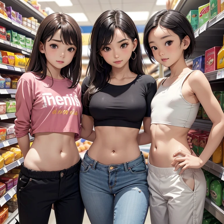 Womens in crop top shirt, (with her little kids) , supermarket , showing navel, show belly, in supermarket, expose a lot of abdomen area around belly button, realistic bellybutton shape, very low waist pants , beautiful belly,