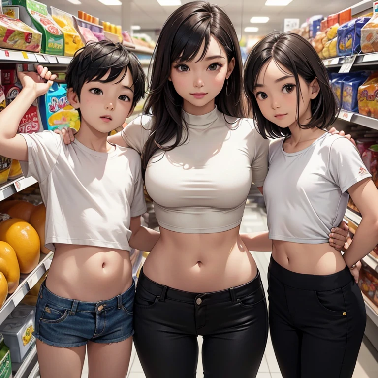 Womens in crop top shirt, (with her ) , supermarket , showing navel, show belly, in supermarket, expose a lot of abdomen area around belly button, realistic bellybutton shape, very low waist pants , beautiful belly, 