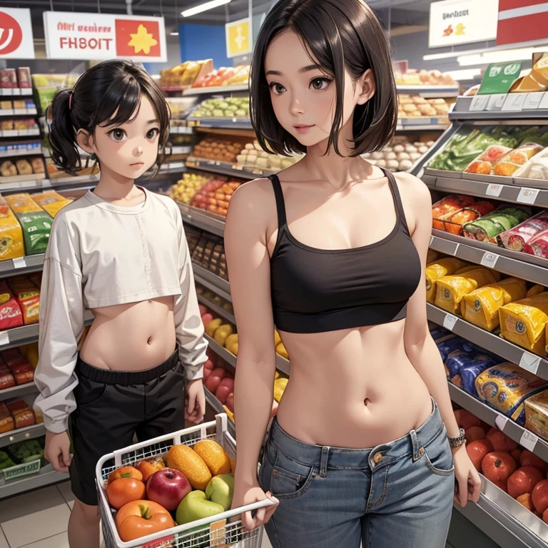 Womens in crop top shirt, (with her little kids) , supermarket , showing navel, show belly, in supermarket, expose a lot of abdomen area around belly button, realistic bellybutton shape, very low waist pants , beautiful belly,