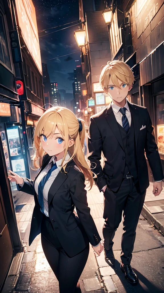 Half body portrait of a young woman and a young man, blond hair, blue eyes, wearing plain black suits. Turn around and look back at the half-body image, colored lights, look back. city view at night