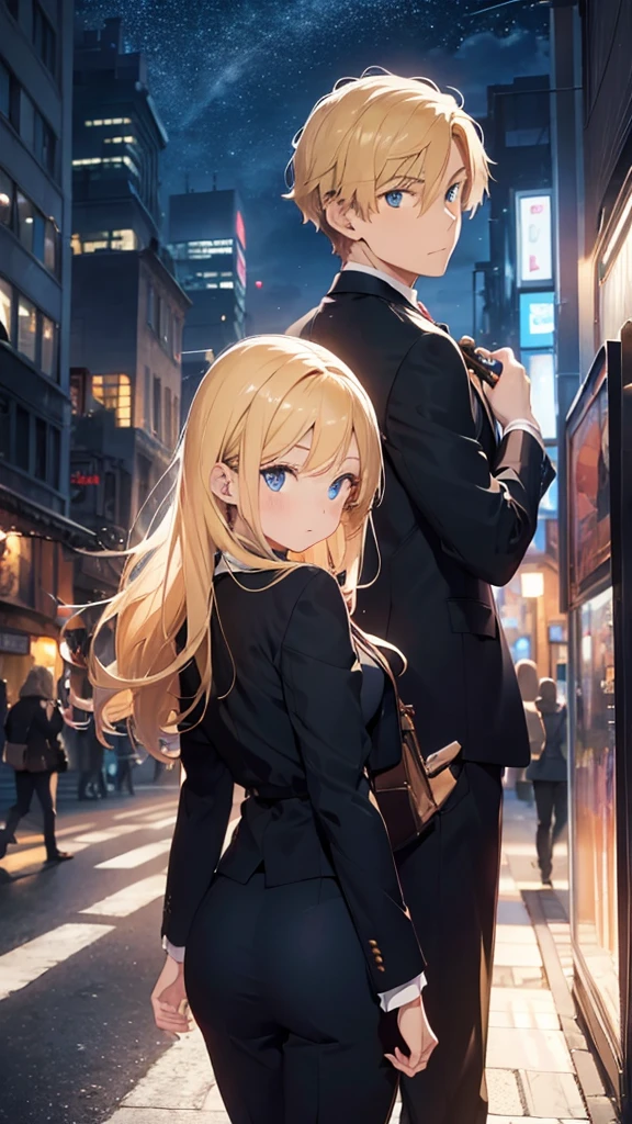 Half body portrait of a young woman and a young man, blond hair, blue eyes, wearing plain black suits. Turn around and look back at the half-body image, colored lights, look back. city view at night