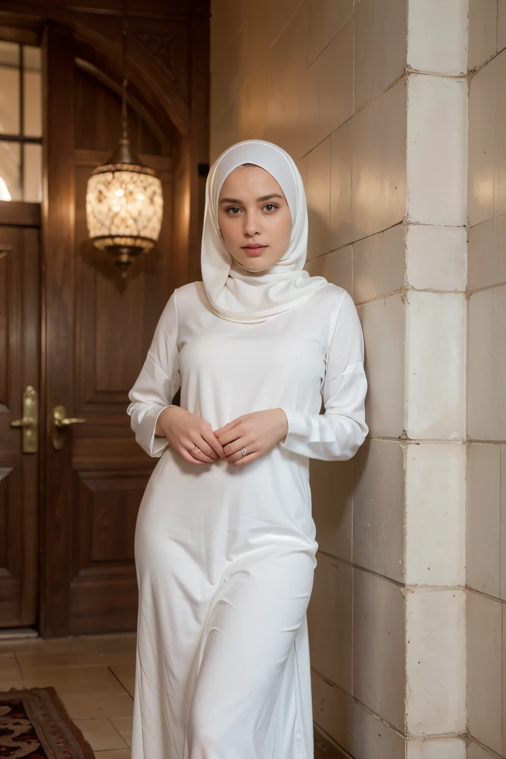 Very beutiful norwegian curvy women 30 years old wearing polite elegant white muslim long dress made from silk and hijab(lot of manekins), appoligize hands in mekkah mosque background, ((best quality)), ((masterpiece)), (detailed), 