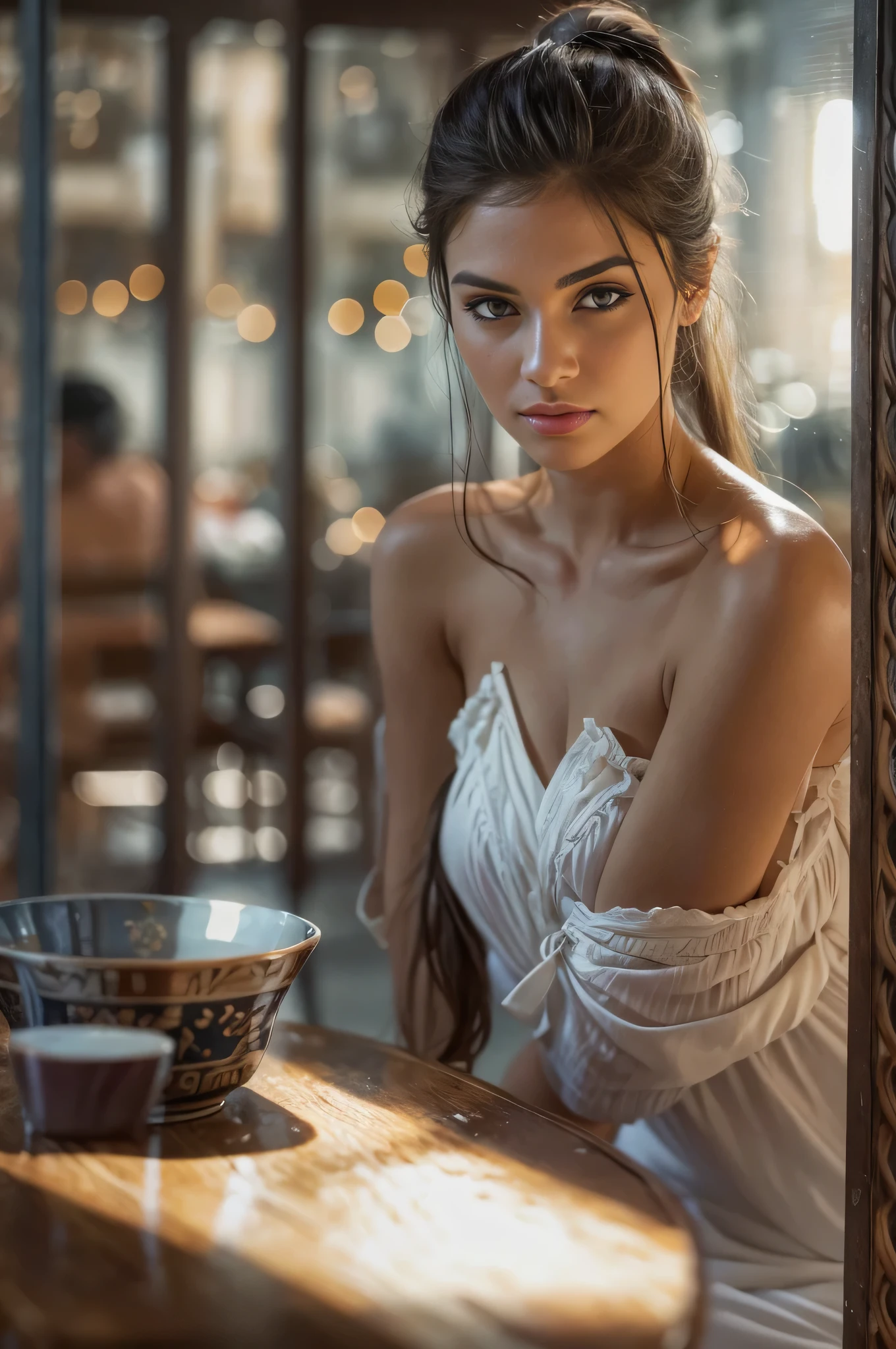 (in perspective) a gorgeous sexy brunette woman perfect 23-year-old secretary straight hair with ponytail oily silky white skin (damp) fleshy lips, (photorealistic:photorealistic, 8k masterpiece), big hug tits, wearing with a tight white dress shirt (highlight on breasts), sitting at a restaurant table holding a cup of coffee (hyperrealistic: realistic, environment with intricate details), with a sensual feature on the face: (texture and environment professional photography pure perfect lighting).