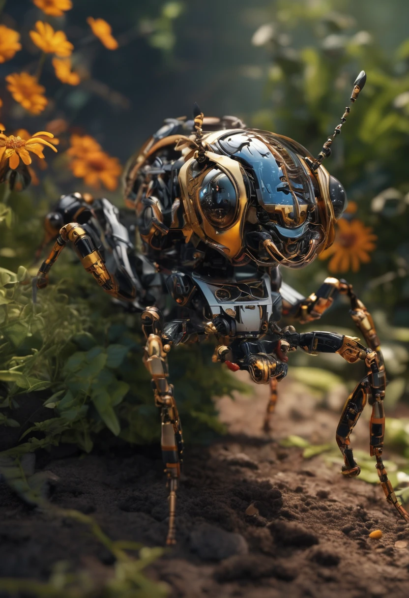 machinery, Super detailed, 24k, Unreal Engine 5, Intricate details, ultra realistic , The magic of robot bugs lies in their mimicry of the indispensable tasks performed by real insects every day,garden in the background