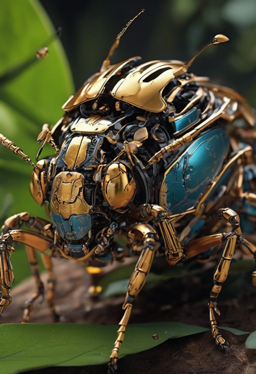 machinery, Super detailed, 24k, Unreal Engine 5, Intricate details, ultra realistic , The magic of robot bugs lies in their mimicry of the indispensable tasks performed by real insects every day,garden in the background