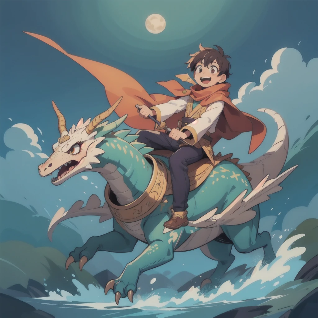 masterpiece, Highest quality, Intricate details, Professional Illustration, (Solo Boy:1.1), Riding Dragon, Laughter, Flowing Cape, scarf, Robe, Magician's Hat, village, fire, Wave