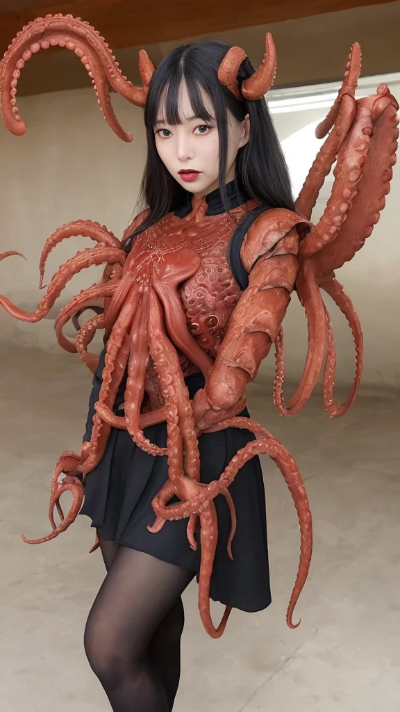 kaijinxl. whole body, Perfect Anatomy. Woman in dynamic pose ,( alone:1.4), Perfect female proportions,evil女, (Fusion of octopus and lady:1.4), (Woman in the shape of an octopus:1.2), (Taco Lady:1.2), (Fusion:1.2), (alone:1.4), (邪evilな笑顔:1.2), Muscular, Abdominal muscles, (Octopus Exoskeleton Bio-Insect Suit:1.4), (Octopus Red Exoskeleton Bio Insect Armor:1.2), (Red octopus antennae:1.3), Fail monster themed costume and mask with small headgear. Highlighted details, empty parking lot, dark, Retro Filter, Movie screencaps, erotic, Very detailed、Attractive beauty、Beautiful woman、Cool girl、Wavy Hair、Black Dress、Black Pantyhose、evil女性幹部、evil堕落、brainwashing、Lace fabric、Shining Legs、Black lipstick、evil表情、Suspicious look、Hollow Eyes、evil、Reaching out、Please raise your hand、At church 、Palms facing forward、Purple Lipstick、meanwhile Very detailed、Attractive beauty、Beautiful woman、Cool girl、Wavy Hair、Wide sleeves、flare skirt、Black Pantyhose、evil女性幹部、evil堕落、brainwashing、Lace fabric、Shining Legs、Black lipstick、evil表情、Suspicious look、Hollow Eyes、evil、Reaching out、Please raise your hand、At church、Palms facing forward、Purple Lipstick、meanwhile、Legs are too long、Squinting High Heels