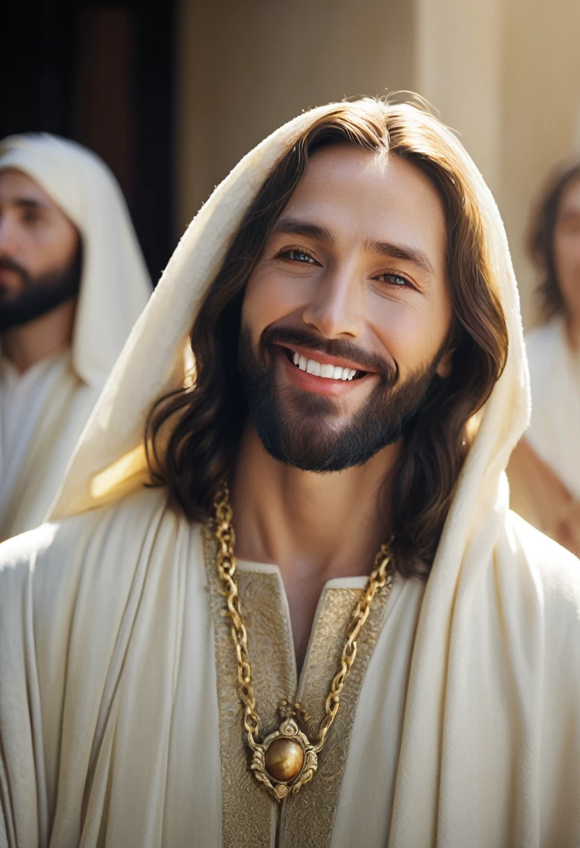 a detailed portrait of jesus christ conversing with his disciples, realistic oil painting, highly detailed facial features, ornate robes, renaissance era, dramatic lighting, muted color palette, photorealistic, masterpiece, best quality, 8k, ultra-detailed, extremely realistic, cinematic lighting, dramatic shadows, intricate fabric textures, expressive expressions, serene atmosphere, classical religious art, renaissance architecture, natural lighting, depth of field, soft focus, warm tones