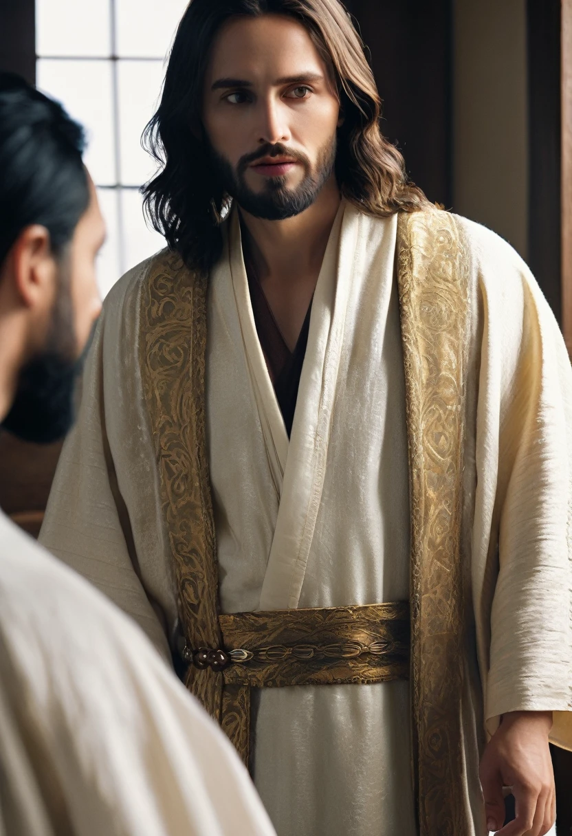 a detailed portrait of jesus christ conversing with his disciples, realistic oil painting, highly detailed facial features, ornate robes, renaissance era, dramatic lighting, muted color palette, photorealistic, masterpiece, best quality, 8k, ultra-detailed, extremely realistic, cinematic lighting, dramatic shadows, intricate fabric textures, expressive expressions, serene atmosphere, classical religious art, renaissance architecture, natural lighting, depth of field, soft focus, warm tones
