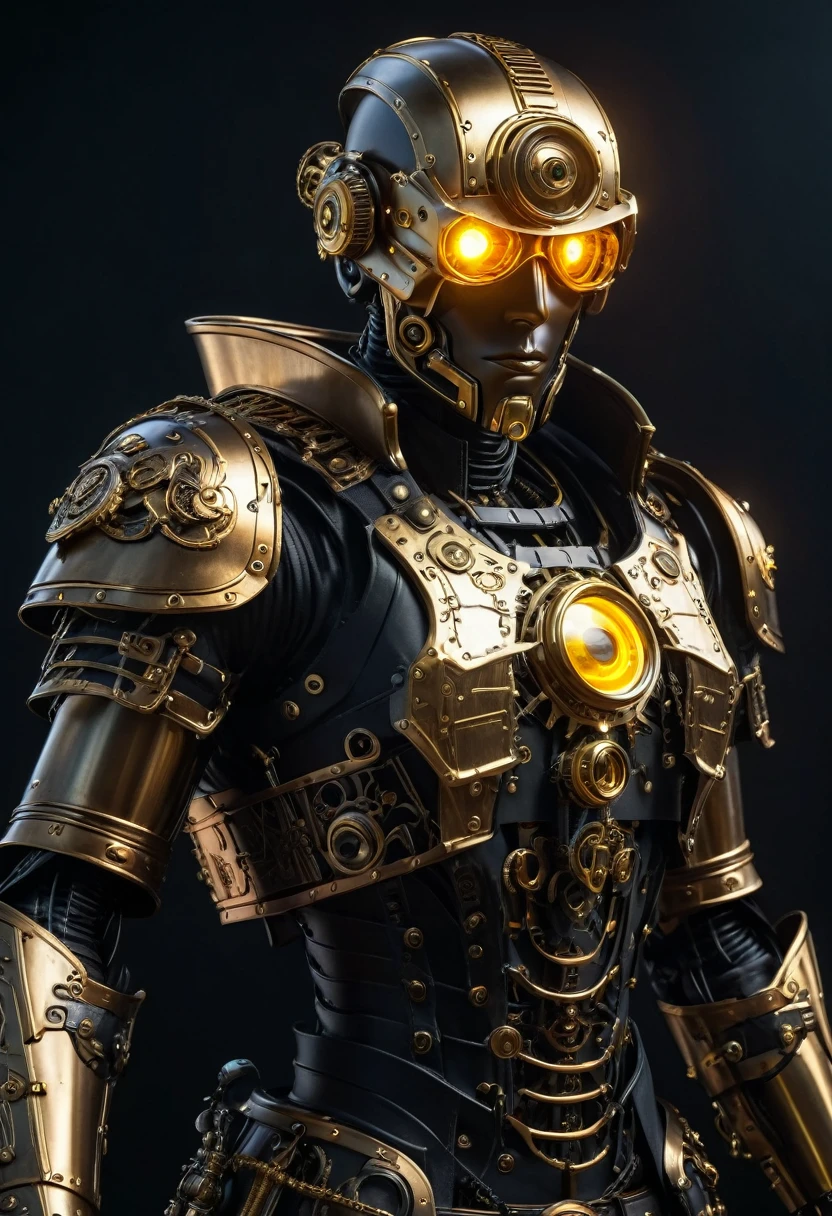 a cyberpunk pirate robot with glowing golden eyes, (Single eye patch:1.3), highly detailed mechanical body, intricate metal armor, leather outfit, steampunk accessories, dramatic lighting, moody dark background, hyper detailed, 8k, photorealistic, cinematic, dramatic lighting, dynamic pose