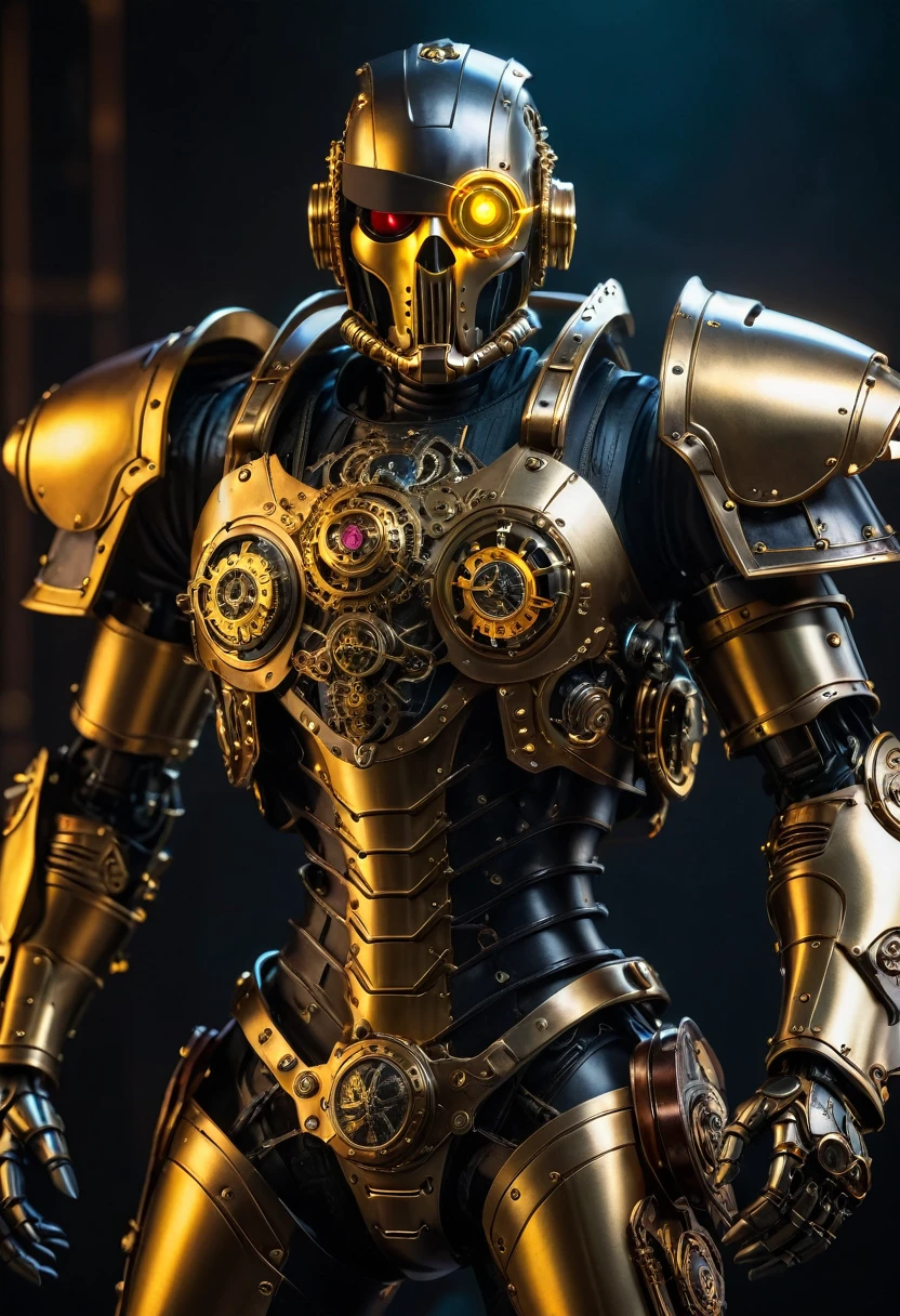 a cyberpunk pirate robot with glowing golden eyes, (Single eye patch:1.3), highly detailed mechanical body, intricate metal armor, leather outfit, steampunk accessories, dramatic lighting, moody dark background, hyper detailed, 8k, photorealistic, cinematic, dramatic lighting, dynamic pose
