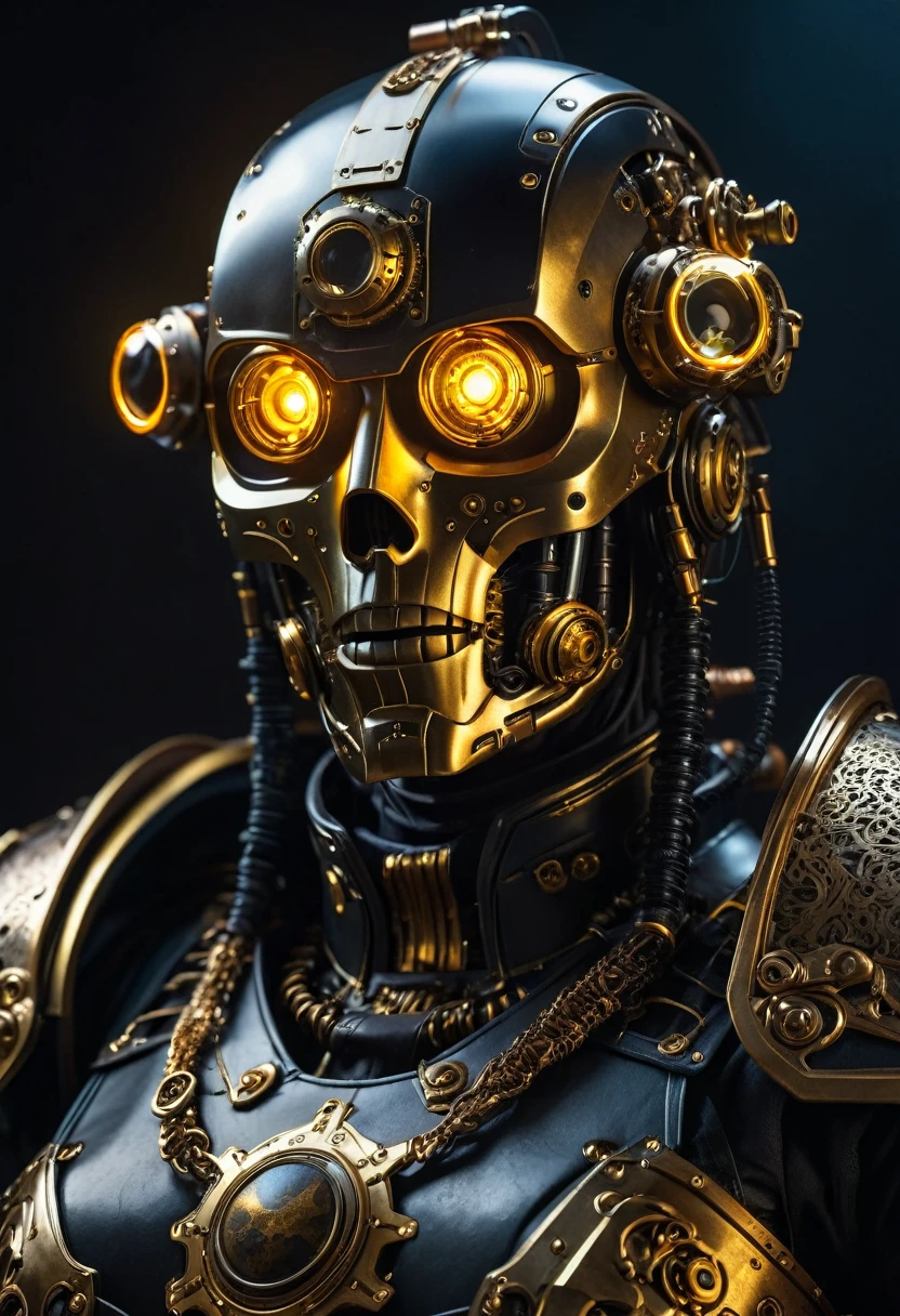 a cyberpunk pirate robot with glowing golden eyes, (Single eye patch:1.3), highly detailed mechanical body, intricate metal armor, leather outfit, steampunk accessories, dramatic lighting, moody dark background, hyper detailed, 8k, photorealistic, cinematic, dramatic lighting, dynamic pose