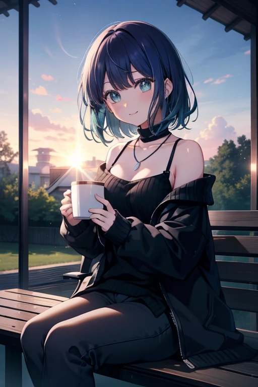 akanekurokawa, akane kurokawa, Aqua Eye, Blue Hair, Medium Hair, Side Lock,blush,smile,Open your mouth,Black long coat Front open,White off-the-shoulder sweater,Bare shoulders,bare clavicle,Bare neck,skinny pants,short boots,Heart-shaped necklace,Sitting on a bench,Holding a coffee cup in both hands,winter,Cold Sky,that'it's snowing,
break looking at viewer,
break outdoors, garden,
break (masterpiece:1.2), Highest quality, High resolution, unity 8k wallpaper, (shape:0.8), (Fine and beautiful eyes:1.6), Highly detailed face, Perfect lighting, Highly detailed CG, (Perfect hands, Perfect Anatomy),