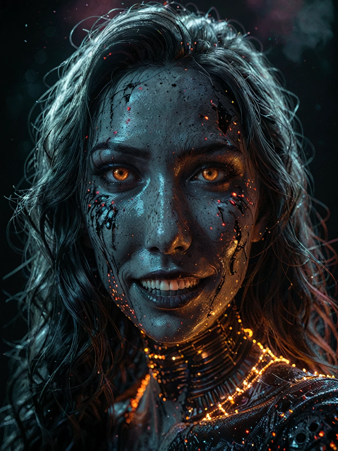 portrait, nemesis from resident evil, nemesis, scary face with red eyes, dirty teeth, nemesis teeth, text and painting tattoos on the face, snake lightening eyes, highly detailed skin, blood on the face, hell in cosmos theme, anime manga illustration,image is compelling with dynamic composition and dark posing. Include many fantasy details such as bumps, phantasmal iridescence, glitter, galaxy, cosmos, void energy color, ((brown dirty body, void cosmic body)), (((dark background))), (((lights off))), (((hollywood dark))), horror, dramatic shadows,vector digital illustration