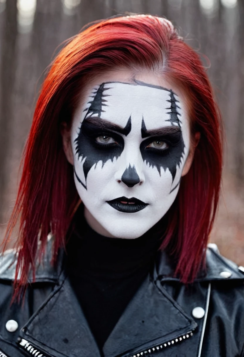 1 girl, "corpse paint" facepaint, bob haircut with long sides and back, red hair color, wearing leather jacket