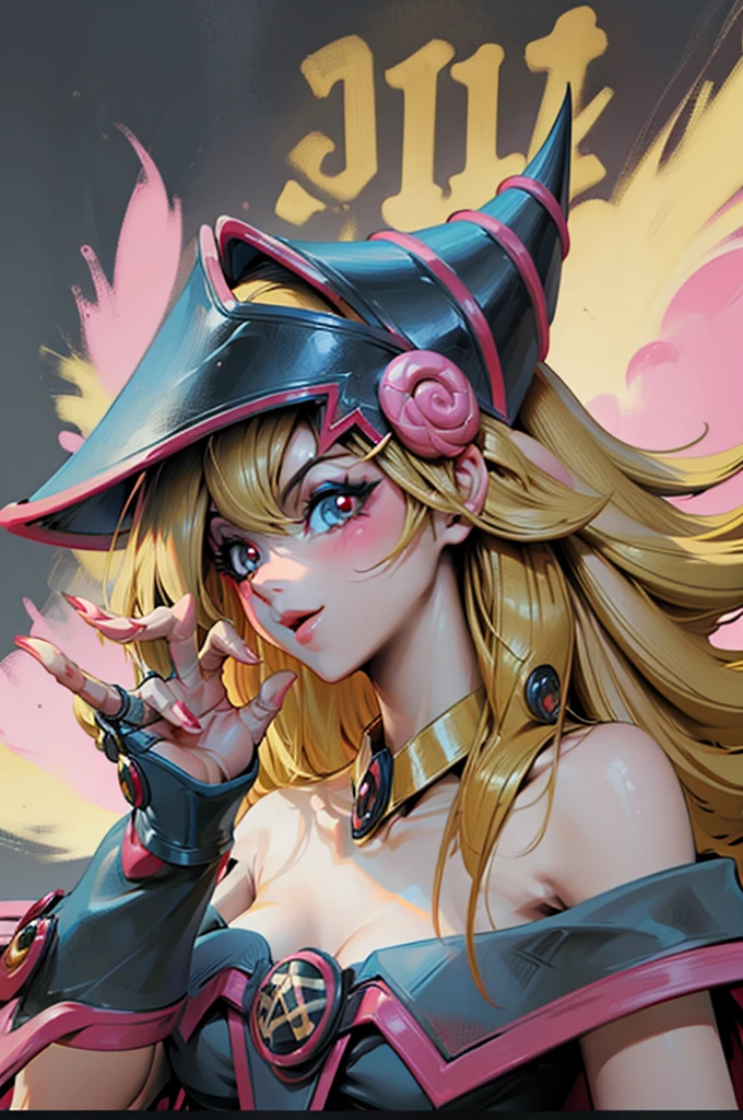 Crea el hermoso rostro de dark magician gils. Ojos azules. Labios rosados. Tes blanca. Cabello rubio. girl smile. Hombros destapados. Collar en el cuello. Rostro de gils mago oscuro. His hands make the sign of peace and love. Paz y amor en sus manos.