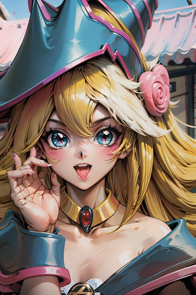 Crea el hermoso rostro de dark magician gils. Ojos azules. Labios rosados. Tes blanca. Cabello rubio. girl smile. Hombros destapados. Collar en el cuello. Rostro de gils mago oscuro. His hands make the sign of peace and love. Paz y amor en sus manos.