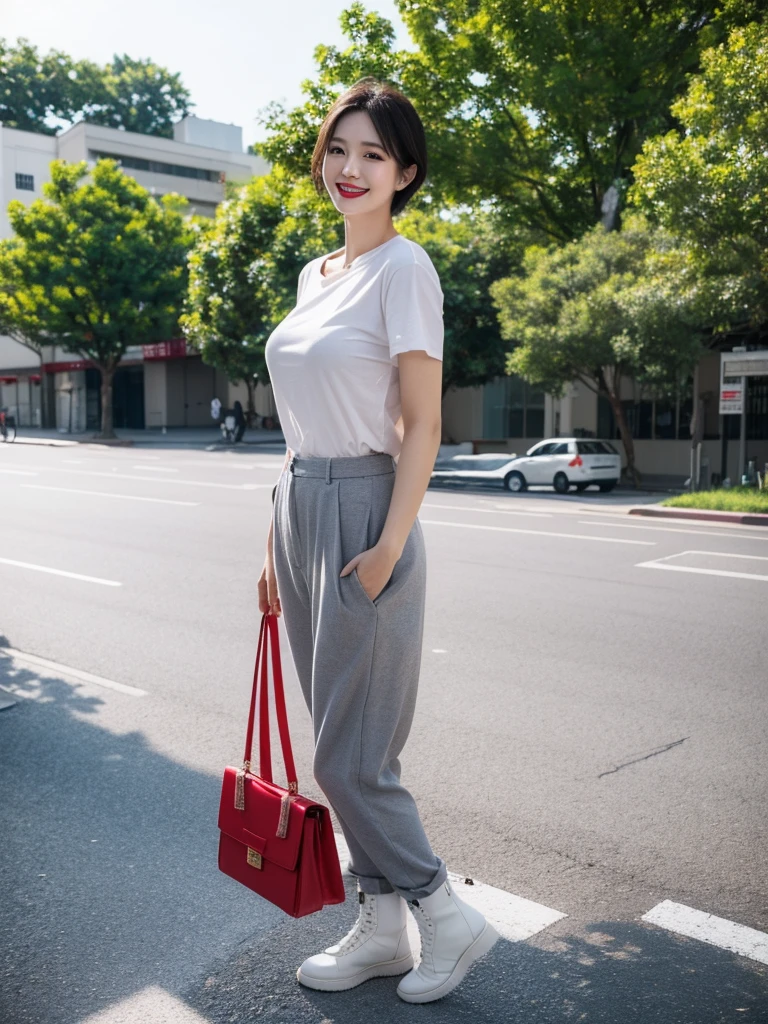 Red lipstick, From the chest up, best quality, Very detailed, lifelike, Super delicate skin, Perfect anatomical structure, (1 日本Mature的女人), (Solitary)，Wear a white crew neck shirt、， Short sleeve，，Grey pants，White boots，Holding a red bag in hand，short hair，37-year-old female，Mature，Charming smile，Outdoor Background，Standing，Leg length，Chubby，Large Breasts，full-body shot