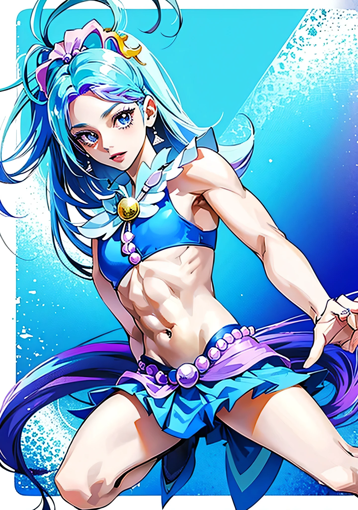 Cartoon image of a man wearing a Blue Bikini top and necklace、solo、Official artwork、Aquamarine、sapphire、Blue Bikini、Official Art、Wallpaper anime blue water、He has pale blue hair!!!、Long Hair、Water Fairy、A man with two-tone light blue and purple hair、Blue aura、Fan art、Anime Prince、Blue flared skirt、bikini top with an triangle、Blue mini skirt、Muscular Abs、Official fan art、Muscular man、Headquarters artwork、Cure、Shiny!!、splash art anime boy、(male body:1.3)、
