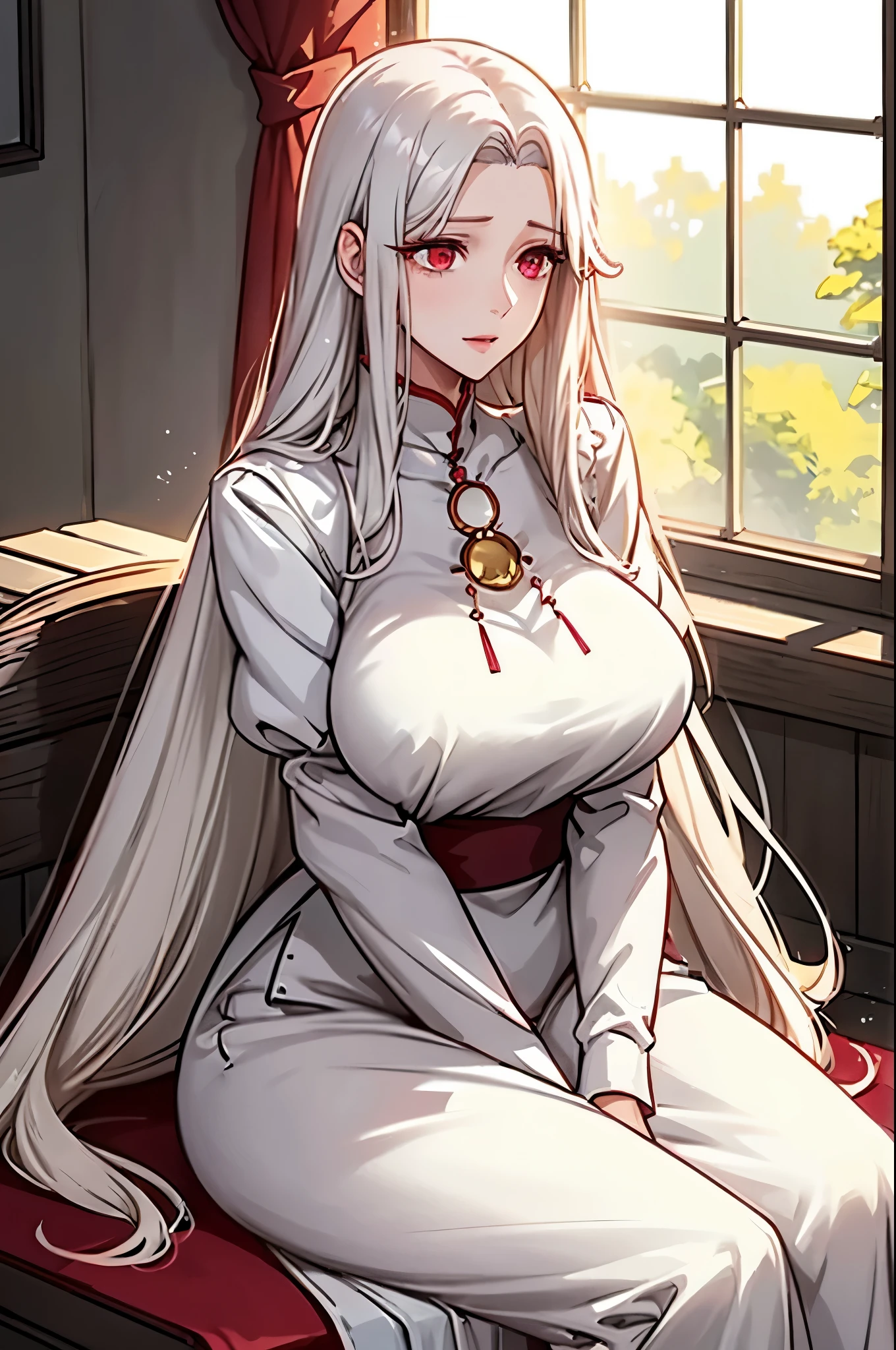 Irisviel von Einzbern, a beautiful woman with long white hair and striking red eyes, is sitting gracefully on a wooden bench in a warmly sunlit room. She is wearing a maroon blouse with a delicate black bow at the collar and a white skirt. The room is softly lit by natural light streaming through large windows adorned with light, sheer curtains. Irisviel has a gentle, slightly shy expression on her face, exuding an air of calm and elegance. The atmosphere is cozy and inviting, emphasizing her serene and sophisticated presence.