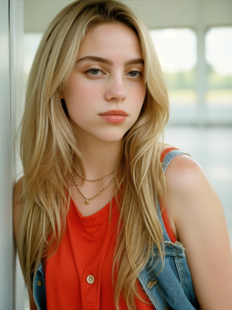 close-up portrait photo, (shot on Portra 400). Elegant Minimalistic Photography, 1990s, 19-year-old girl in high school in the 90s. She wears high-waisted jeans with a classic cut and a sleeveless blouse with vibrant colors or prints typical of the decade. The setting is a school corridor with lockers, band posters and event posters. Your expression is friendly and confident. Inspirations: "Clueless", "Buffy the Vampire Slayer".