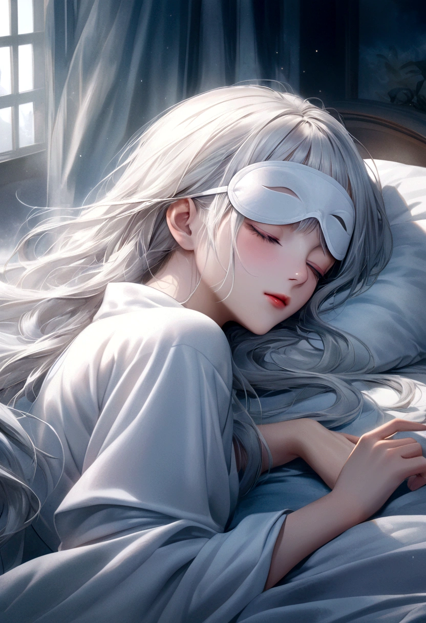 a beautiful elegant young woman with a white opaque sleep mask lying on a bed in a white chinese robe, with flowing silver-white hair, in a sweet dreamlike misty ethereal scene, with exquisite facial features, dreamlike watercolor style, hyper detailed digital art, photorealistic masterpiece, best quality, 8k, highres, extremely detailed, professional, vivid colors
