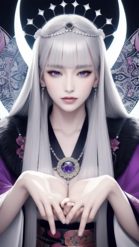 (masterpiece, top quality, 1 female, solo, exquisite details, chromatic aberration), (realistic), (skin), ((breath)), (silver hair, blunt bangs, long straight hair, trimmed bangs), exquisite hair, red japanese headdress, blue highlights, hair over one eye, purple eyes, earrings, piercing eyes, ((pink and white kimono)), ((symmetrical eyes)), ((perfectly symmetrical body)), ((perfectly symmetrical hands)), (pureerosface_v1:0.3), night, (((natural light))), backlit, grey wall, dim lighting, facing towards viewer, ((central shot, from the front, (face and waist))), mysterious atmosphere, fortune teller in kimono, beautiful fortune teller, fortune teller, dark fantasy female fortune teller, female fortune teller, fantasy photography, magician, witch fairy tale, japanese style, elegant cinematic fantasy art, fantasy woman, magician portrait, casting spells, fortune teller, not very sexy kimono, five fingered symmetrical hand
