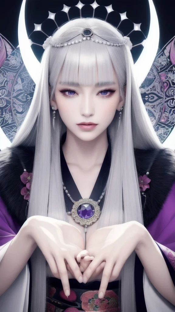 (masterpiece, top quality, 1 female, solo, exquisite details, chromatic aberration), (realistic), (skin), ((breath)), (silver hair, blunt bangs, long straight hair, trimmed bangs), exquisite hair, red japanese headdress, blue highlights, hair over one eye, purple eyes, earrings, piercing eyes, ((pink and white kimono)), ((symmetrical eyes)), ((perfectly symmetrical body)), ((perfectly symmetrical hands)), (pureerosface_v1:0.3), night, (((natural light))), backlit, grey wall, dim lighting, facing towards viewer, ((central shot, from the front, (face and waist))), mysterious atmosphere, fortune teller in kimono, beautiful fortune teller, fortune teller, dark fantasy female fortune teller, female fortune teller, fantasy photography, magician, witch fairy tale, japanese style, elegant cinematic fantasy art, fantasy woman, magician portrait, casting spells, fortune teller, not very sexy kimono, five fingered symmetrical hand