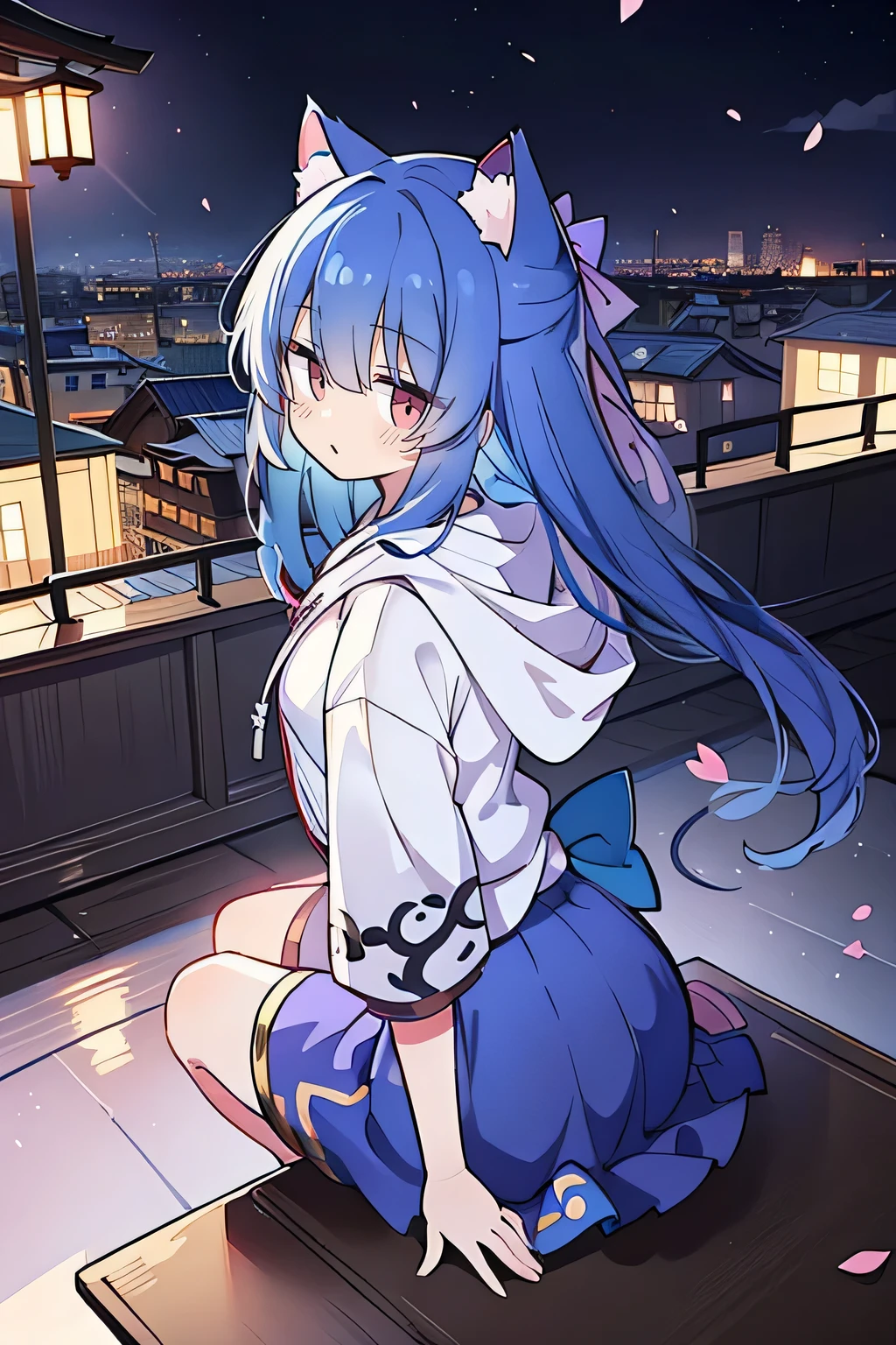 （masterpiece：1.2），Super detailed，lifelike，Expressive eyes，fair skin，perfect face shape，1 girl，
Japanese comics,Gorgeous blue hair,flowing blue hair,flowing clothes,Cat ears,Petals fall,beautiful lola,Baby Angel,
Shaking head with one hand，Cross your legs，Gentle and peaceful background，The pavilion is cool and comfortable,smile, wearing hoodie, background of tokyo,back views,snowing, winter.