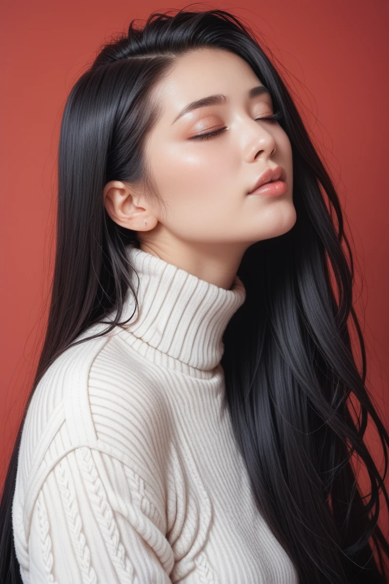 ,score_9,score_8_superior,score_7_superior, 20-year-old, 8k, High resolution, beautiful girl, Black Hair, Very long hair, Straight hair, Mouth closed,
One girl, Detailed face, Beautiful woman face, sweater, Red background, View your viewers,
