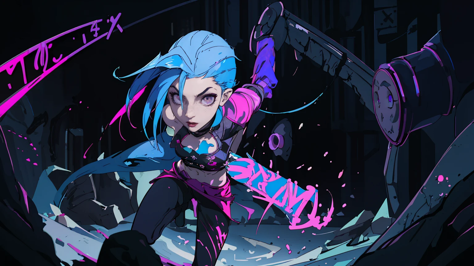 solo female, (masterpiece), best quality, expressive eyes, perfect face, Arcane style art, Dark lines, Jinx, League of legends, pale white skin, Skinny, character centered in image, blue hair, crazy facial expression, Bright pink eyes, full body shot, looking at viewer, crazy pose, small perky breasts, night time, underground, sewer, Dark factory background, blue and pink neon graffitti, scrap on ground,