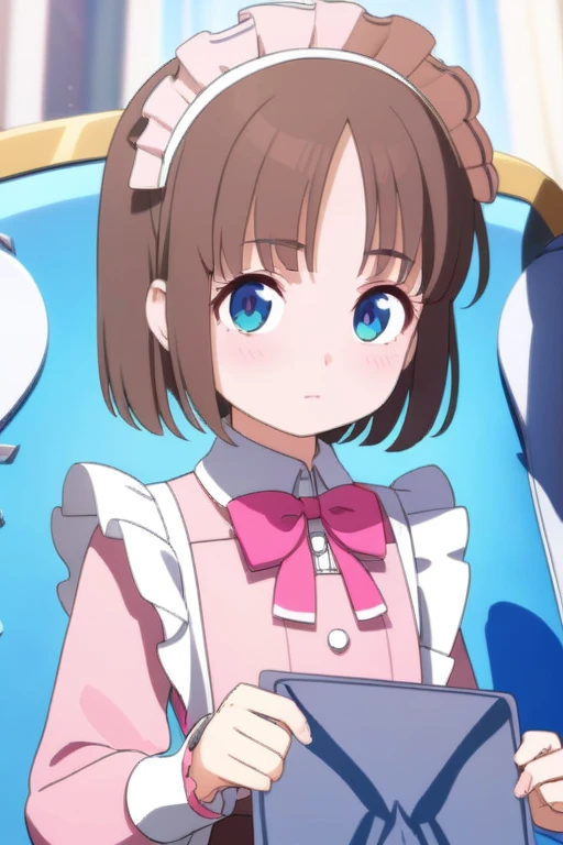 First place girl,Petite,cute,Loli,short hair,Straight Hair,Brown hair,Brown hair,The right bangs,Water blue pupil,Fair skin,Smooth skin,Lolita style,Maid,Pink-themed clothes,Pink dress,Card issuance,Bow,avatar,gentle,thin,beauty,high quality,High-definition quality,Masterpiece,Perfect composition,Clear pupils,Fine carving,Extreme details,Light and shadow coordination,(Correct facial features),(Beautifully carved face),Epic Works,8K,(Representative works),(High-quality),(Ultra-detailed),((illustration))