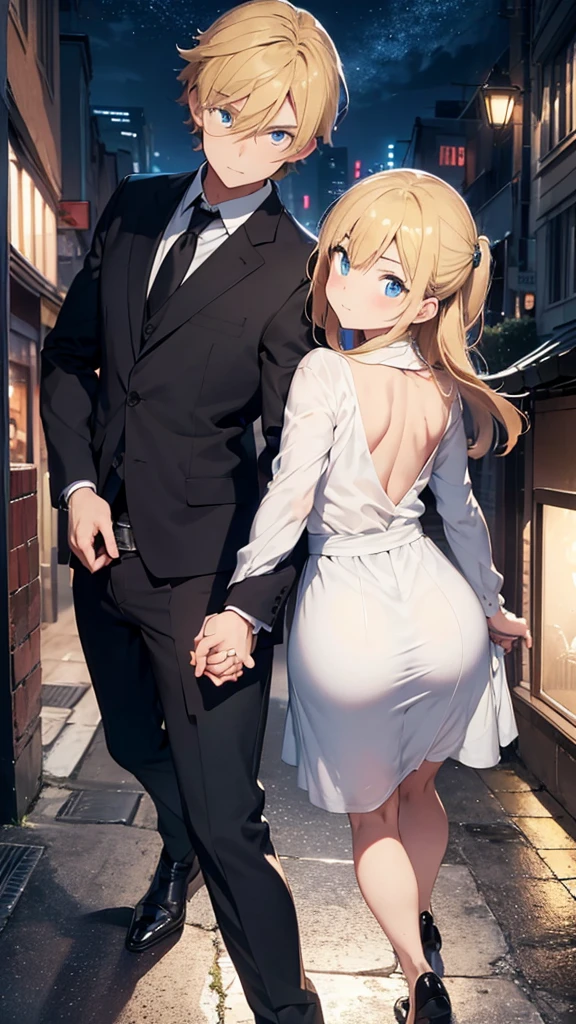 Half body portrait of a woman and a young man, holding hands, blond hair, blue eyes, wearing all black suits. Turn around and look back at the half-body image, colored lights, look back. city view at night