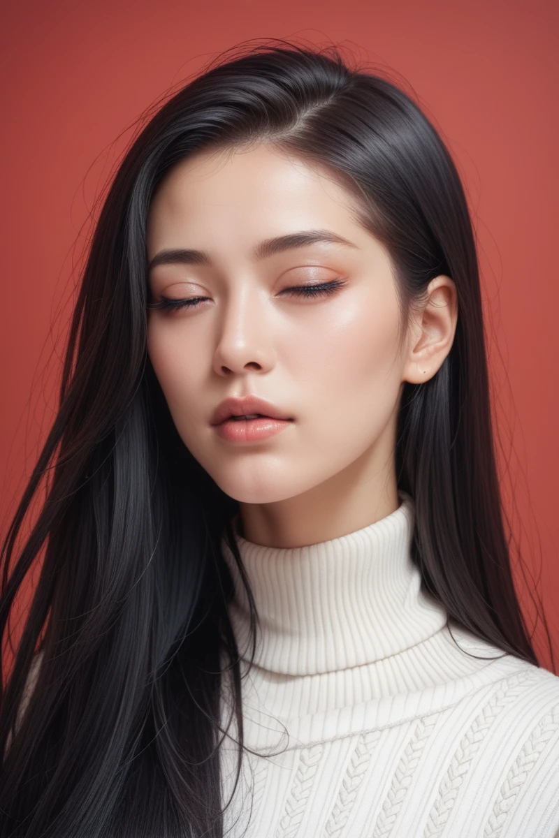 ,score_9,score_8_superior,score_7_superior, 20-year-old, 8k, High resolution, beautiful girl, Black Hair, Very long hair, Straight hair, Mouth closed,
One girl, Detailed face, Beautiful woman face, sweater, Red background, View your viewers,