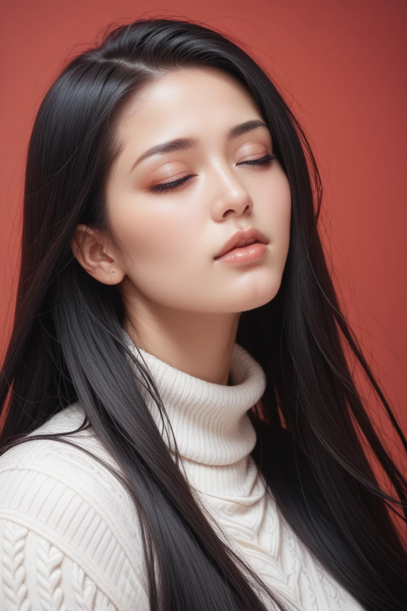 ,score_9,score_8_superior,score_7_superior, 20-year-old, 8k, High resolution, beautiful girl, Black Hair, Very long hair, Straight hair, Mouth closed,
One girl, Detailed face, Beautiful woman face, sweater, Red background, View your viewers,