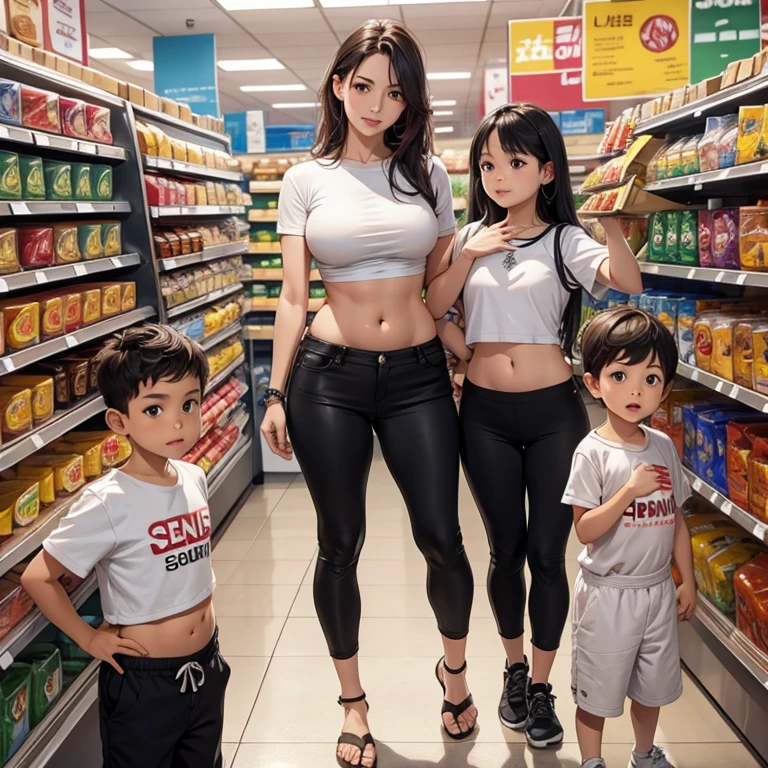 40 years-olds Womens in crop top shirt, (with her little kids) , supermarket , showing navel, show belly, in supermarket, expose a lot of abdomen area around belly button, realistic bellybutton shape, very low waist pants , beautiful belly,