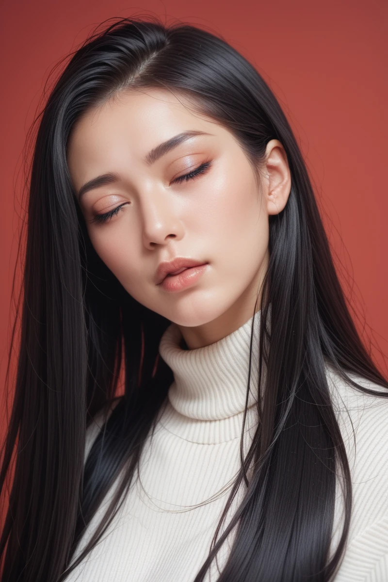 ,score_9,score_8_superior,score_7_superior, 20-year-old, 8k, High resolution, beautiful girl, Black Hair, Very long hair, Straight hair, Mouth closed,
One girl, Detailed face, Beautiful woman face, sweater, Red background, View your viewers,