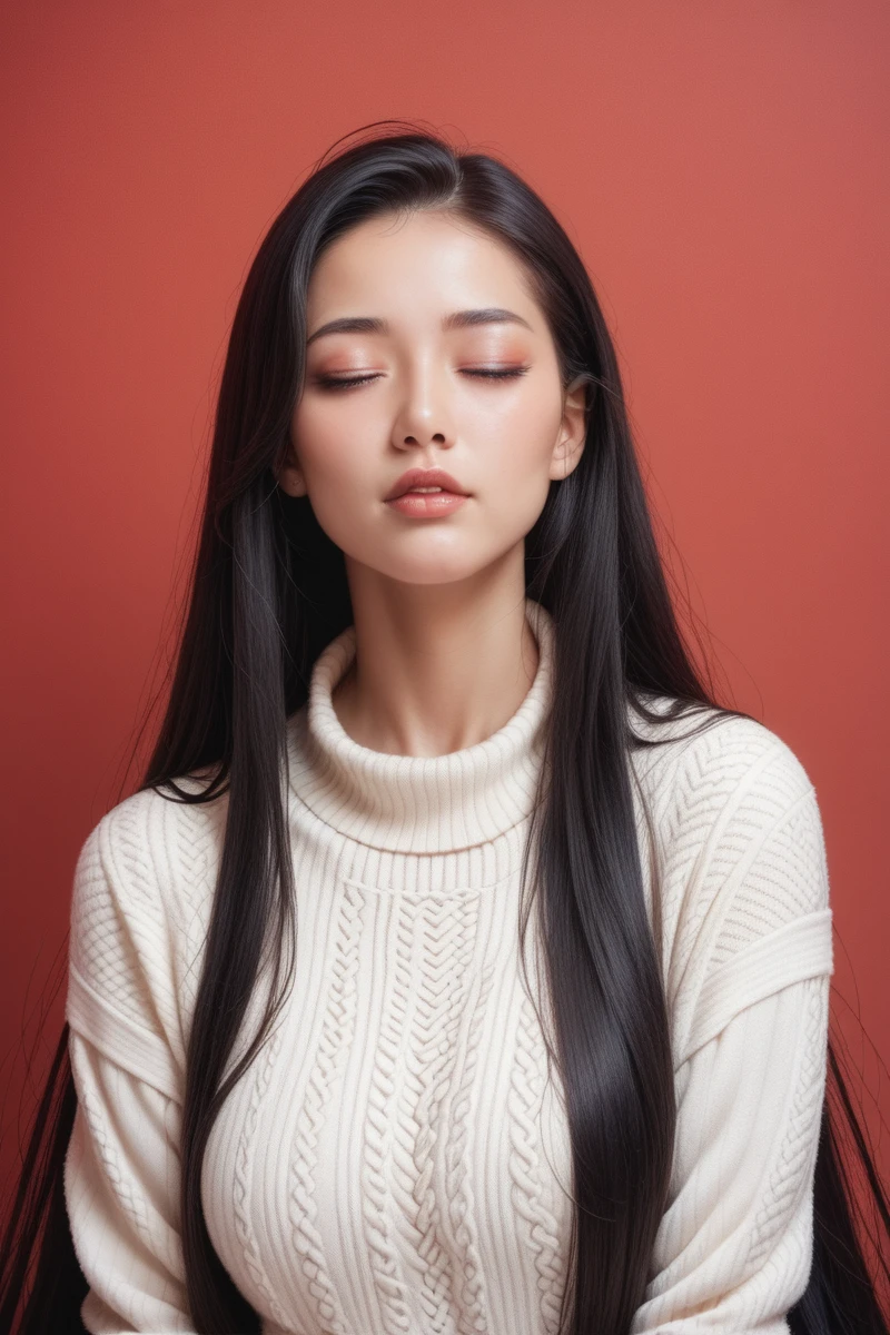 ,score_9,score_8_superior,score_7_superior, 20-year-old, 8k, High resolution, beautiful girl, Black Hair, Very long hair, Straight hair, Mouth closed,
One girl, Detailed face, Beautiful woman face, sweater, Red background, View your viewers,