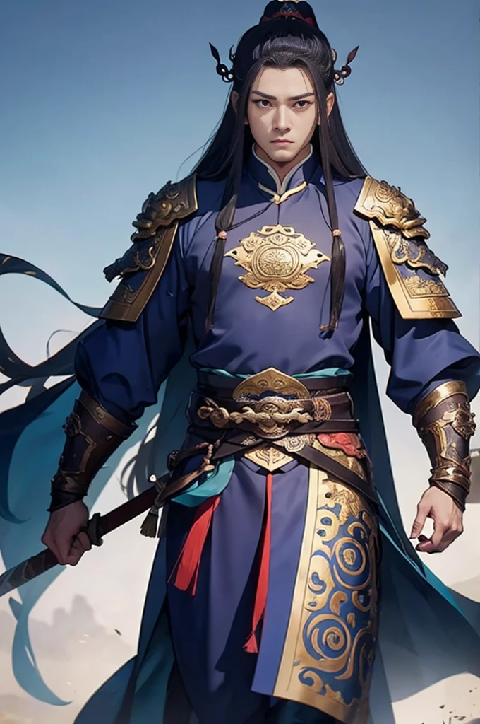 Araped image of a man wearing blue clothes and holding a sword, Chinese Warrior, armored warrior, Zhaoyun, beautiful character drawings, Works inspired by Zhao Yuan, Inspired by Dong Yuan, Kuleilei(Qu Leilei), by Jay Yang, Li Zai(Li Zai), Epic exquisite character art, Works inspired by Zuderun, Inspired by Jang Wo, Highly detailed character design