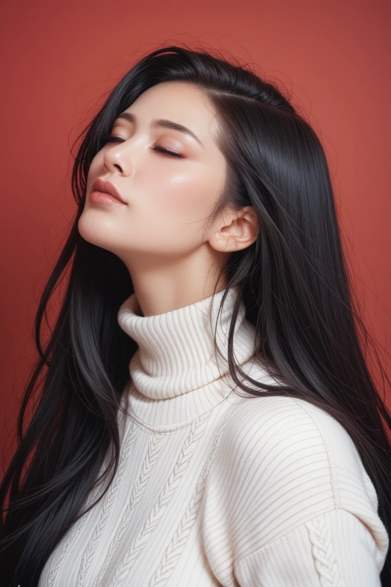 ,score_9,score_8_superior,score_7_superior, 20-year-old, 8k, High resolution, beautiful girl, Black Hair, Very long hair, Straight hair, Mouth closed,
One girl, Detailed face, Beautiful woman face, sweater, Red background, View your viewers,