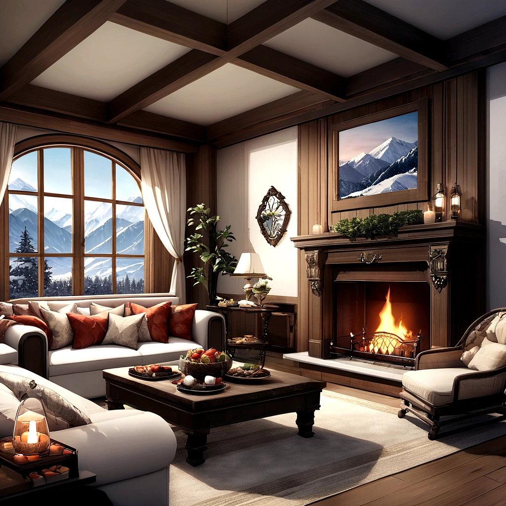 Comfortable mountain villa,Surrounded by stunning scenery, Large windows let in natural light,Enjoy panoramic views of the snow-capped mountains. The interior is decorated with comfortable furniture, A lit fireplace and a cozy atmosphere, Invites you to relax,Enjoy the tranquility of nature