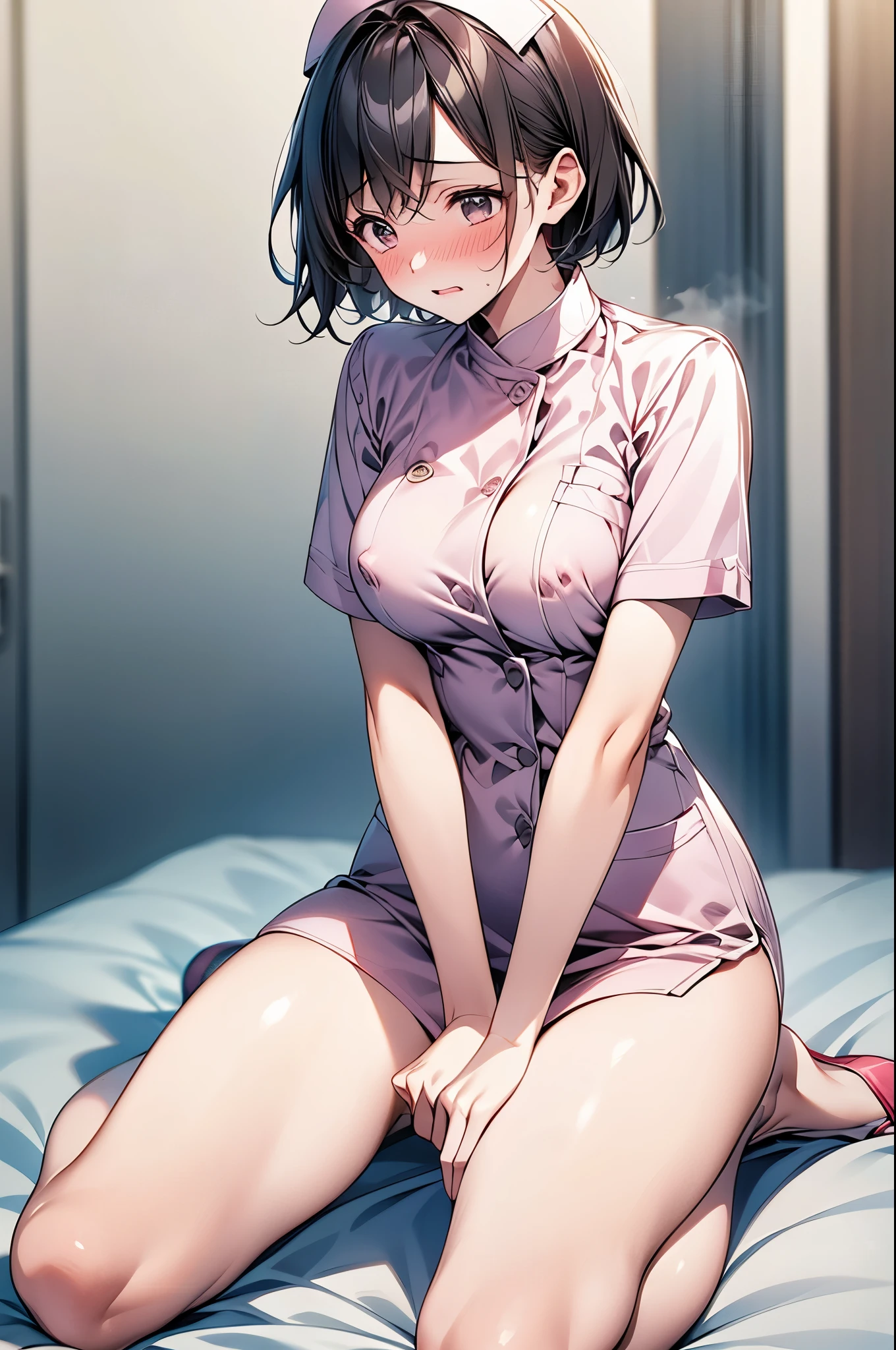 Beautiful woman, (High resolutionで美しい黒い目)、Anatomically perfect body, thin、(nurse、nurse、白いnurse服), (Place your hand on your chest), (Look down:1.3)、18-year-old、(Highest quality)、Black Hair, (short hair)、(8k, High resolution)、(shy:1.4)、medium breast, (steam:1.1), (embarrassed:1.3), Glossy Lips、Erect nipples、On the bed、(足がthin)、(wariza)