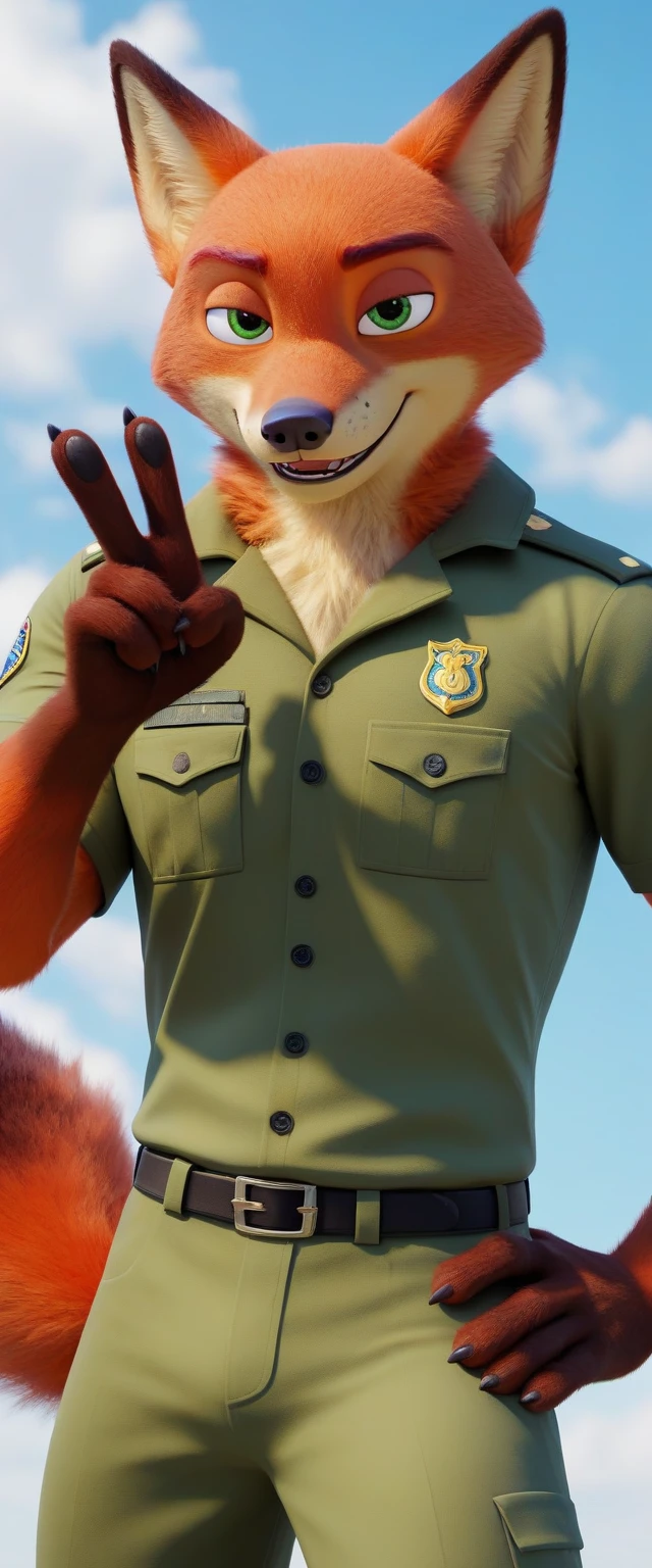 score_9, score_8_up, score_7_up, rating_safe,source_furry,anthro,source_3D, nick wilde male muscular falcon (fursuit version) looking at the viewer a gesture of peace and love (standard film uniform) (ultra realistic almost looking like a human being) (blue eyes)