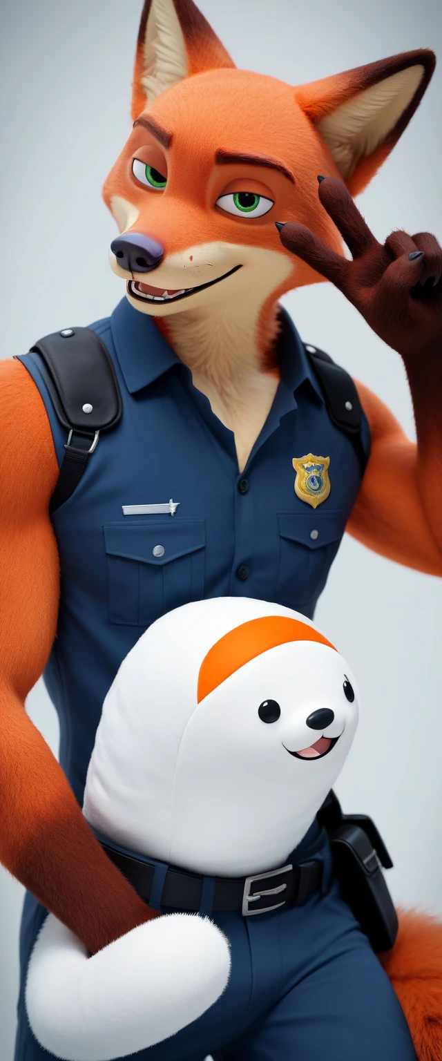 score_9, score_8_up, score_7_up, rating_safe,source_furry,anthro,source_3D, nick wilde male muscular falcon (fursuit version) looking at the viewer a gesture of peace and love (standard film uniform) (ultra realistic almost looking like a human being) (blue eyes)