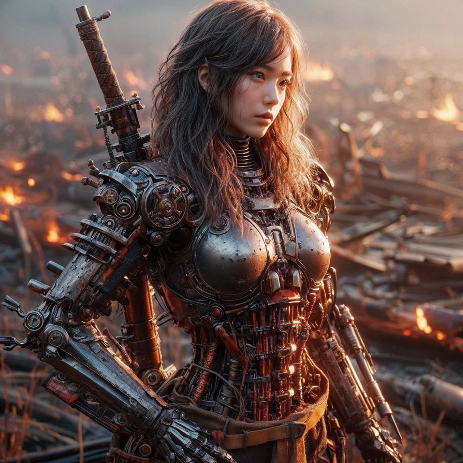 8k,Realistic Photo, Realistic Skin Texture, Superrealism, (Warring States period of Japanese history, approx like mechanical :1.2), burnt field、arquebus,vivid textures,legs, gradation hair, japanese female soldier,(ultra beautiful face),((super realistic all textures)), ((super intricate all details)), full body shot, ultra sharp photo result, metallic color, scratch, Rust, weathering, steampunk, taken with Fuji film X-T30+Nokton. HDR10,Minimum of 4 pieces created